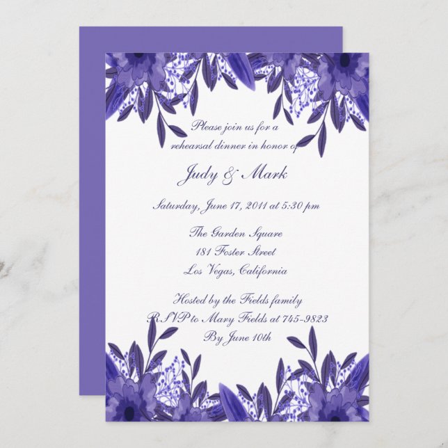 Purple Blue Floral Foliage Rehearsal Dinner Invitation (Front/Back)