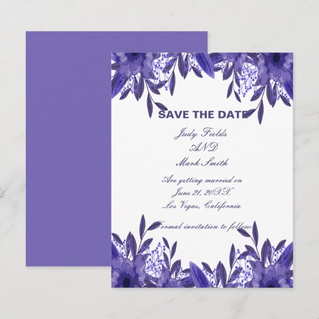Purple Blue Floral Foliage Save The Date Card (Front/Back)
