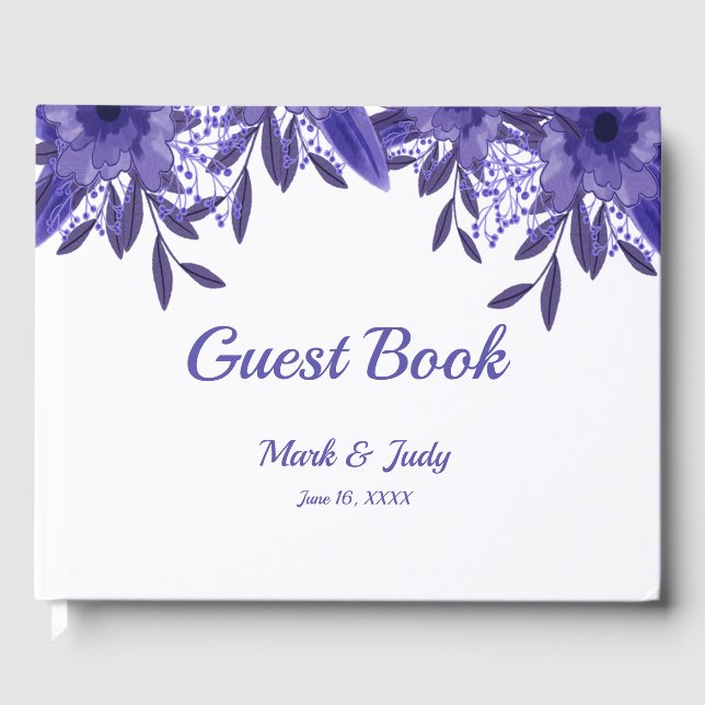 Purple Blue Floral Foliage Wedding Guest Book (Front)