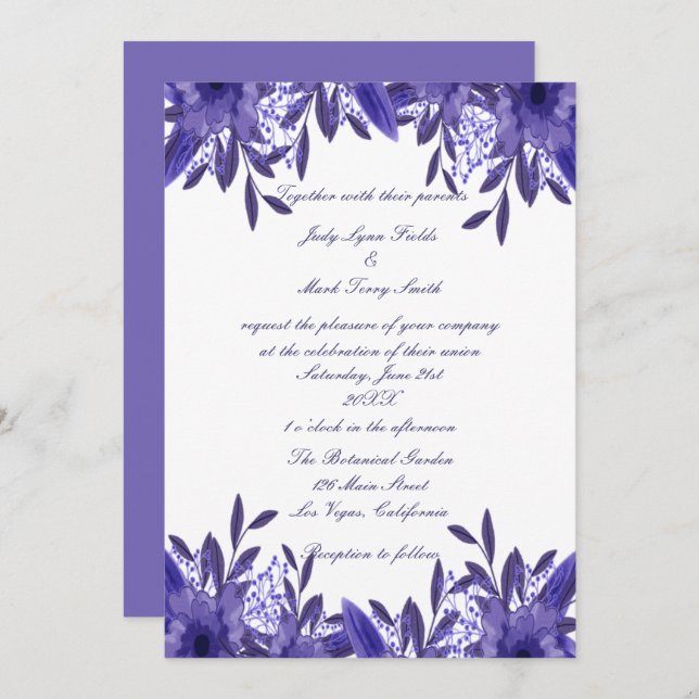 Purple Blue Floral Foliage Wedding Invitation (Front/Back)