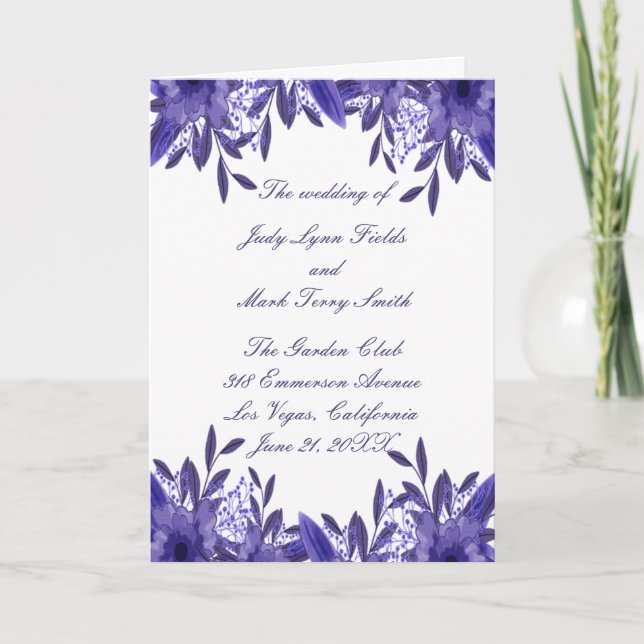 Purple Blue Floral Foliage Wedding Program Card (Front)