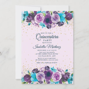 Purple Blue Floral Gold Glitter Quinceañera Invitation