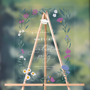 Purple Blue Floral Graduation Party Sign