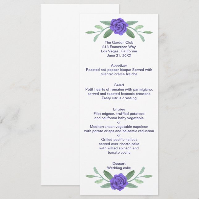 Purple Blue Floral Greenery Foliage Menu Mariage (Devant / Derrière)