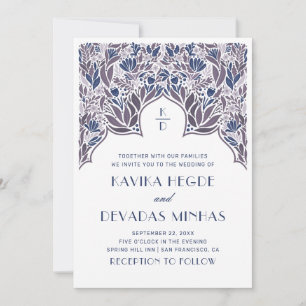 Purple blue floral Indian Bollywood asian wedding Invitation