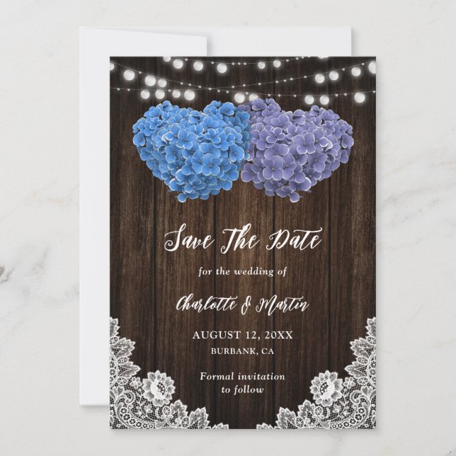 Purple Blue Floral Lace Wood String Lights Wedding Save The Date (Front)