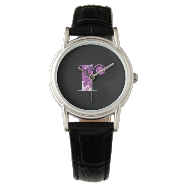 Purple Blue Floral Monogram R Watch (Front)
