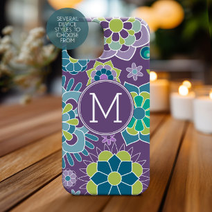 Purple Blue Floral Pattern Custom Monogram iPhone 15 Case