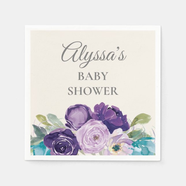 Purple Blue Floral Sage Leaves Baby Shower Napkin (Front)