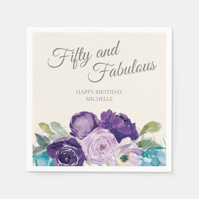 Purple Blue Floral Sage Leaves Fifty Fabulous Napkin (Front)
