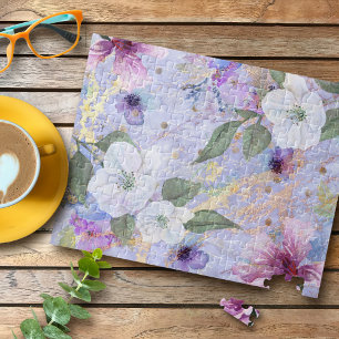 Purple blue floral watercolor gold veined vintage jigsaw puzzle