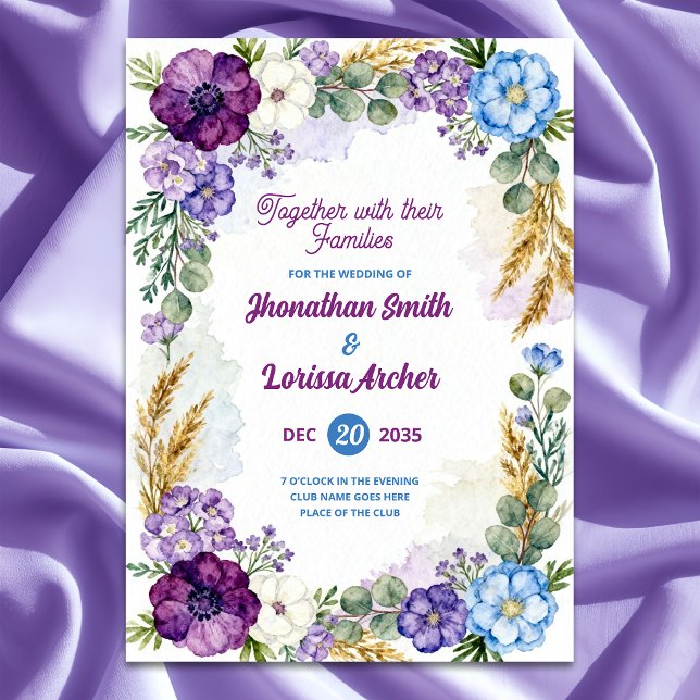 Purple & Blue Floral Watercolor Wedding Invitation (Creator Uploaded)