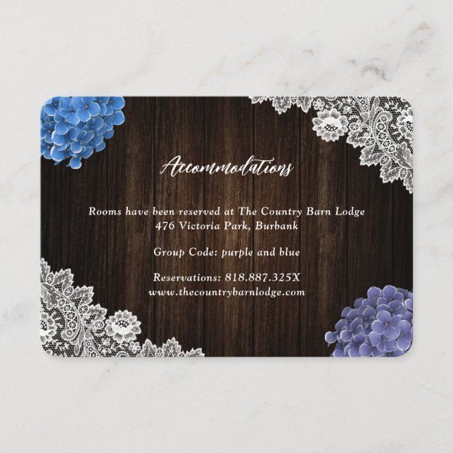 Purple Blue Floral Wedding Hotel Accommodation Enclosure Card (Front)