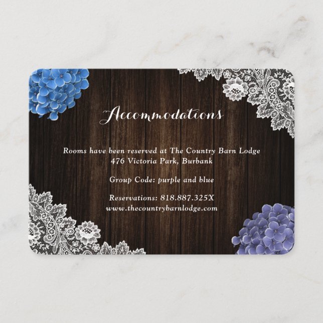 Purple Blue Floral Wedding Hotel Accommodation Enclosure Card (Front)