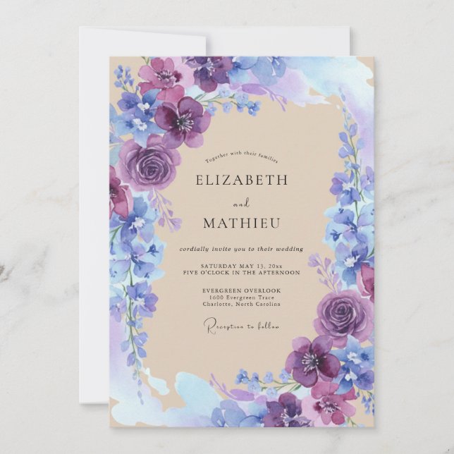 Purple Blue Floral Wedding Invitation (Front)