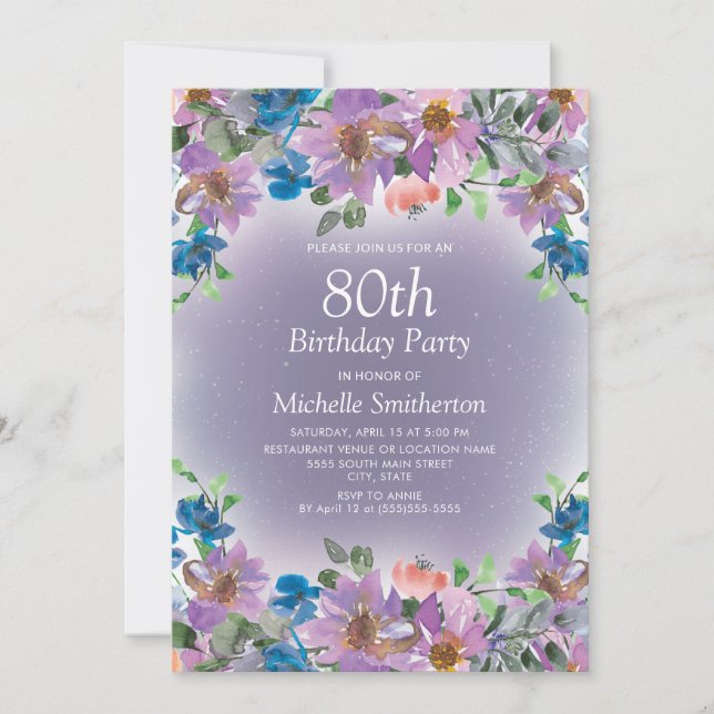 Purple Blue Floral Women's 80th Birthday Invitation (Front)