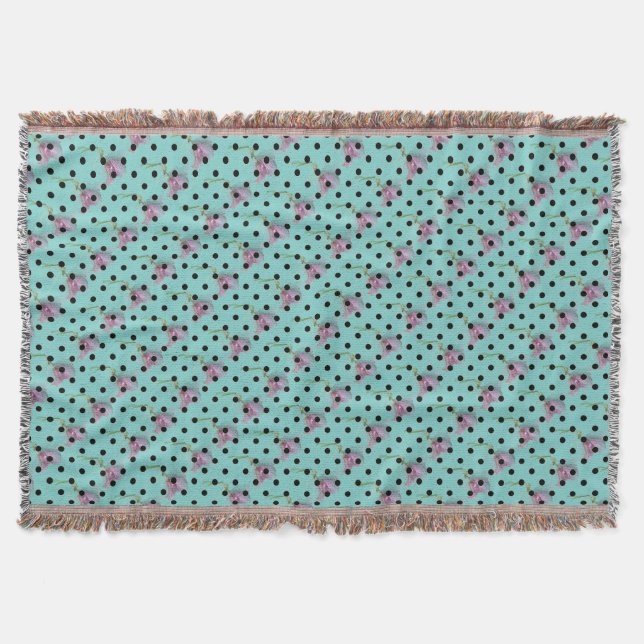 Purple blue flower and black polka dots throw blanket (Front)