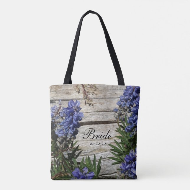 purple blue flower personalized Name Bride ,date Tote Bag (Back)
