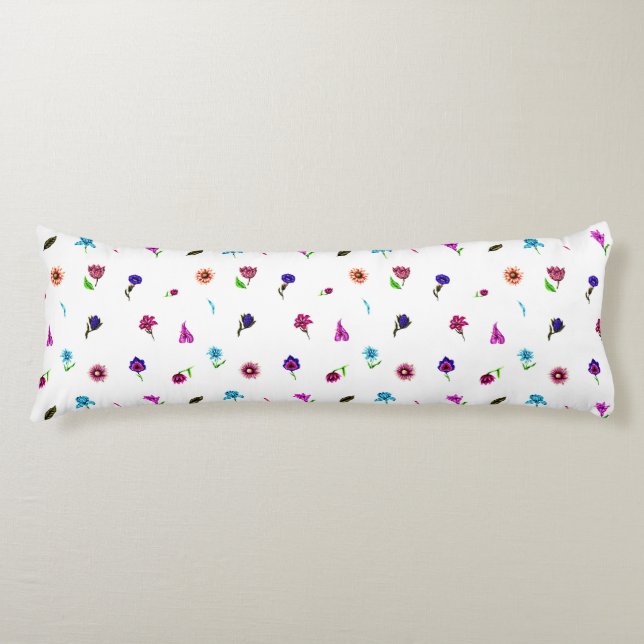 Purple & Blue Flower Print, Modern Floral Print Body Pillow (Front)