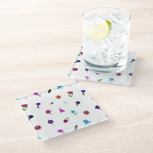 Purple & Blue Flower Print, Modern Floral Print Glass Coaster (Angled)