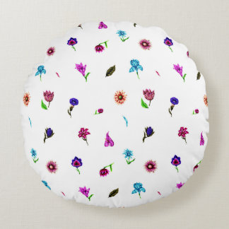 Purple & Blue Flower Print, Modern Floral Print Round Pillow