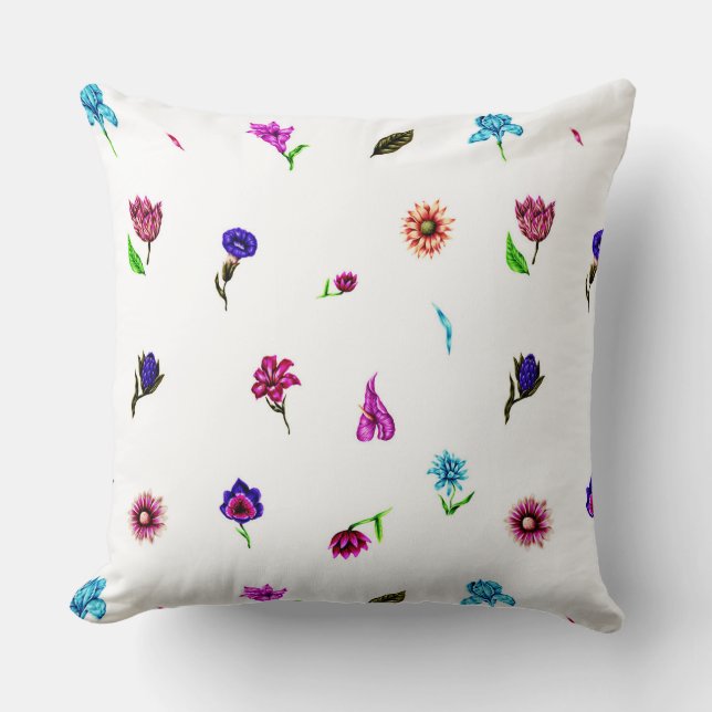 Purple & Blue Flower Print, Modern Floral Print Throw Pillow (Front)