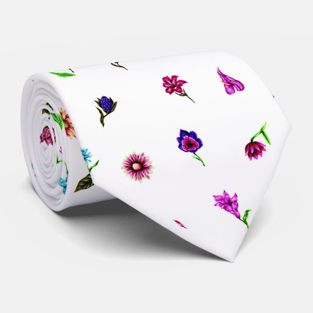 Purple & Blue Flower Print, Modern Floral Print Tie (Rolled)