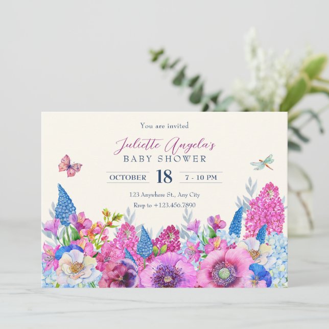 Purple blue flowers bloom spring baby shower invitation (Standing Front)