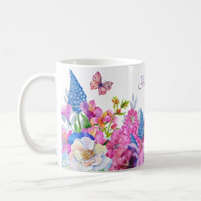Purple blue flowers bloom spring custom name coffee mug (Left)
