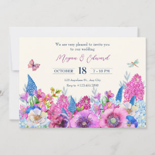 Purple blue flowers bloom spring wedding  invitation