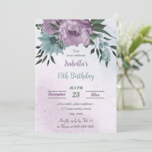 purple blue flowers botanical birthday invitation