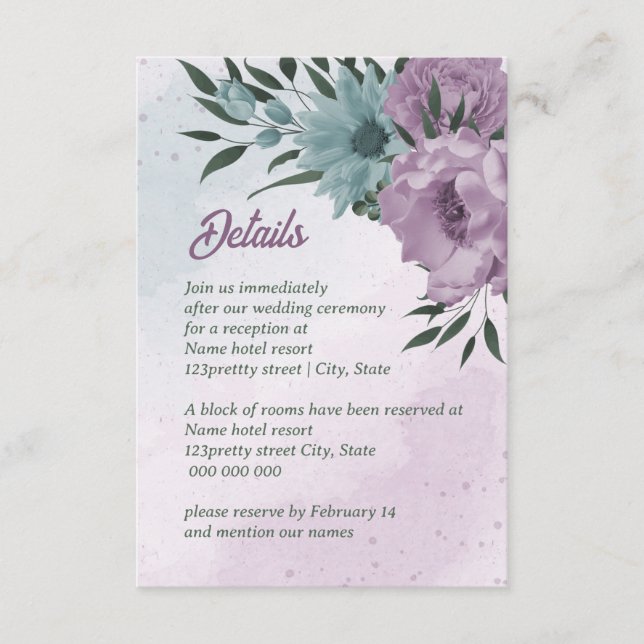 purple blue flowers botanical wedding enclosure card (Front)