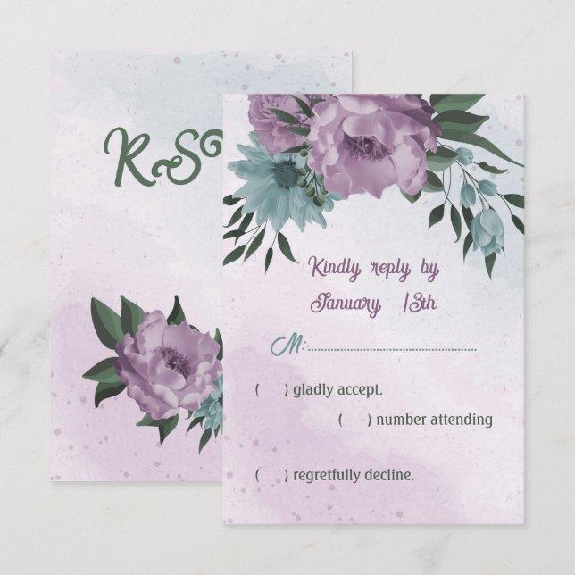 purple blue flowers botanical wedding RSVP card (Front/Back)