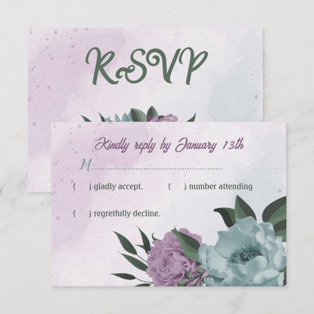 purple blue flowers botanical wedding RSVP card (Front/Back)