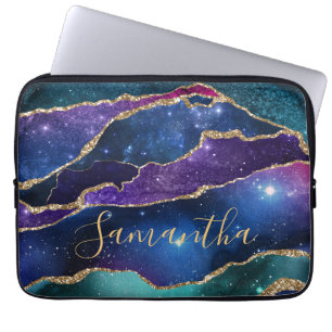 Purple & Blue Galaxy Agate with faux gold glitter Laptop Sleeve