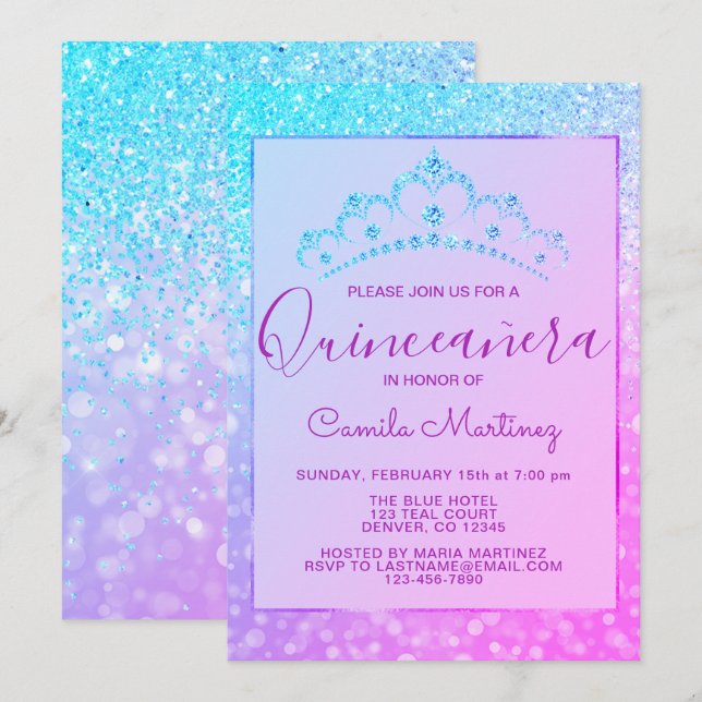 Purple - Blue Girly Glitter Sparkle Quinceanera Invitation (Front/Back)