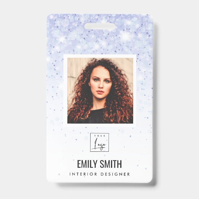PURPLE BLUE GLITTER EMPLOYEE PHOTO BARCODE NAME BADGE (Front)