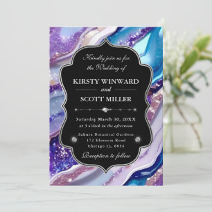Purple Blue Glitter Marble Elegant Wedding Invitation