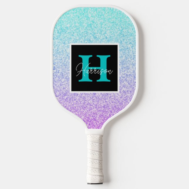 Purple & Blue Glitter Monogram Name Customizable Pickleball Paddle (Front)