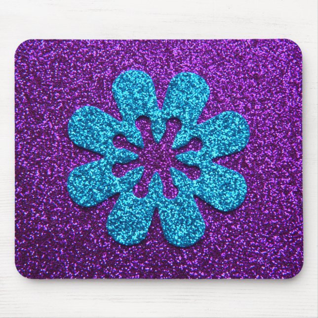 Purple & Blue Glitter Retro Flower Mouse Pad (Front)