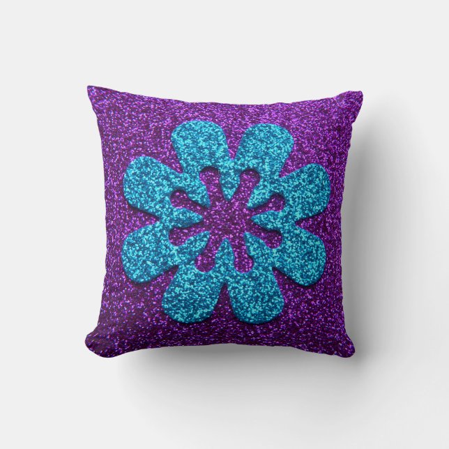 Purple & Blue Glitter Retro Flower Throw Pillow (Front)