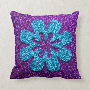 Purple & Blue Glitter Retro Flower Throw Pillow