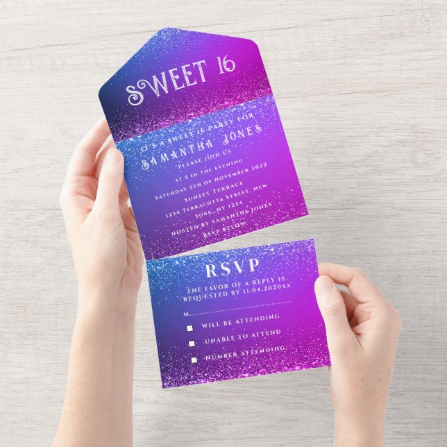 Purple Blue Glitter Sparkle Modern Sweet 16 All In One Invitation (Tearaway)