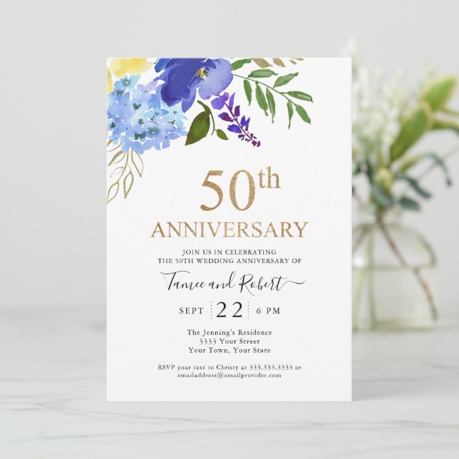 Purple Blue Gold 50e Faire-part de mariage (Debout devant)