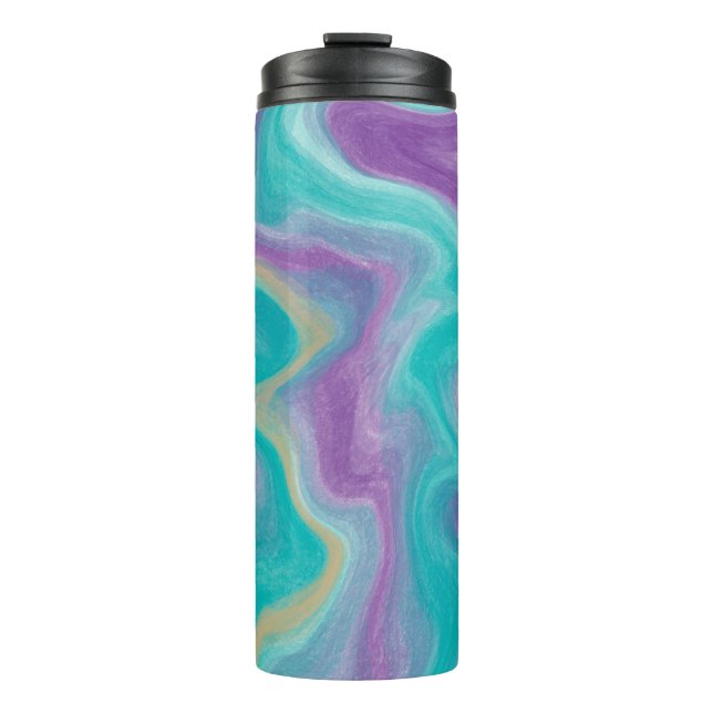 Purple, Blue, Gold and Teal Swirls Fluid Art Thermal Tumbler (Front)