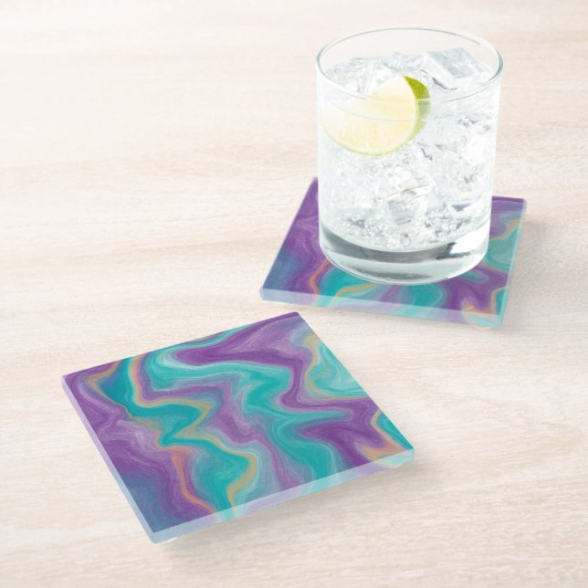 Purple, Blue, Gold and Teal swirls Peaceful  Glass Coaster (Angled)