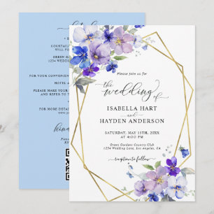 Purple Blue Gold Floral All In 1 QR Code Wedding Invitation