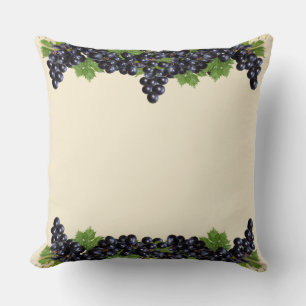 Purple Blue Grapes & Leaves on Champagne Beige Throw Pillow