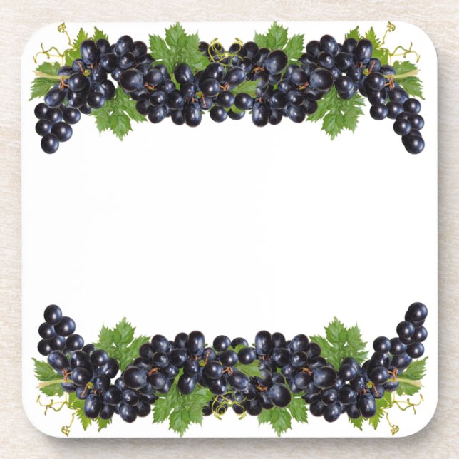 Purple Blue Grapes with Green Leaves on White Coaster (Front)