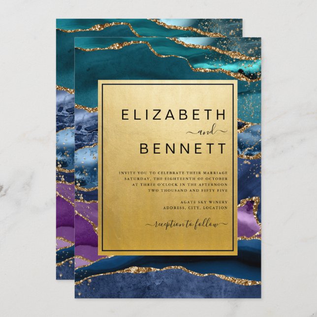Purple Blue Green Agate Gold Glitter Wedding Invitation (Front/Back)